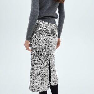 Mango Xaviera Silver Sequin Midi Skirt Size L (NWT)